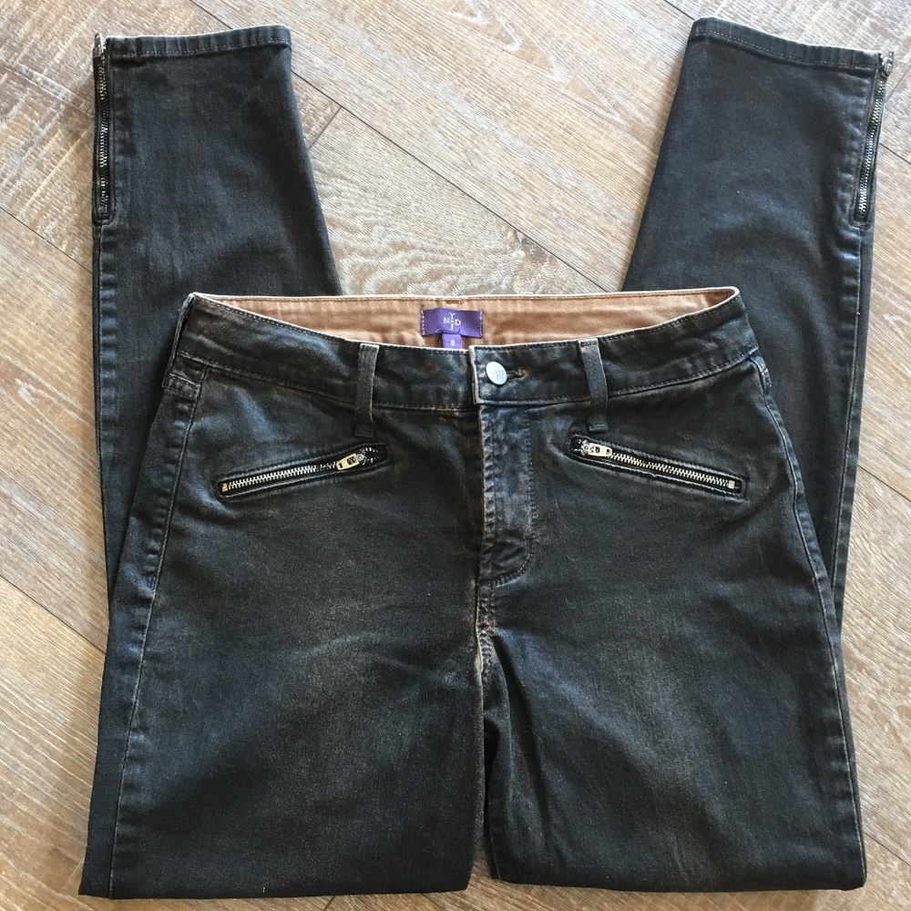 NYDJ | Dark Brown Distressed Leather Feel Jeans 8